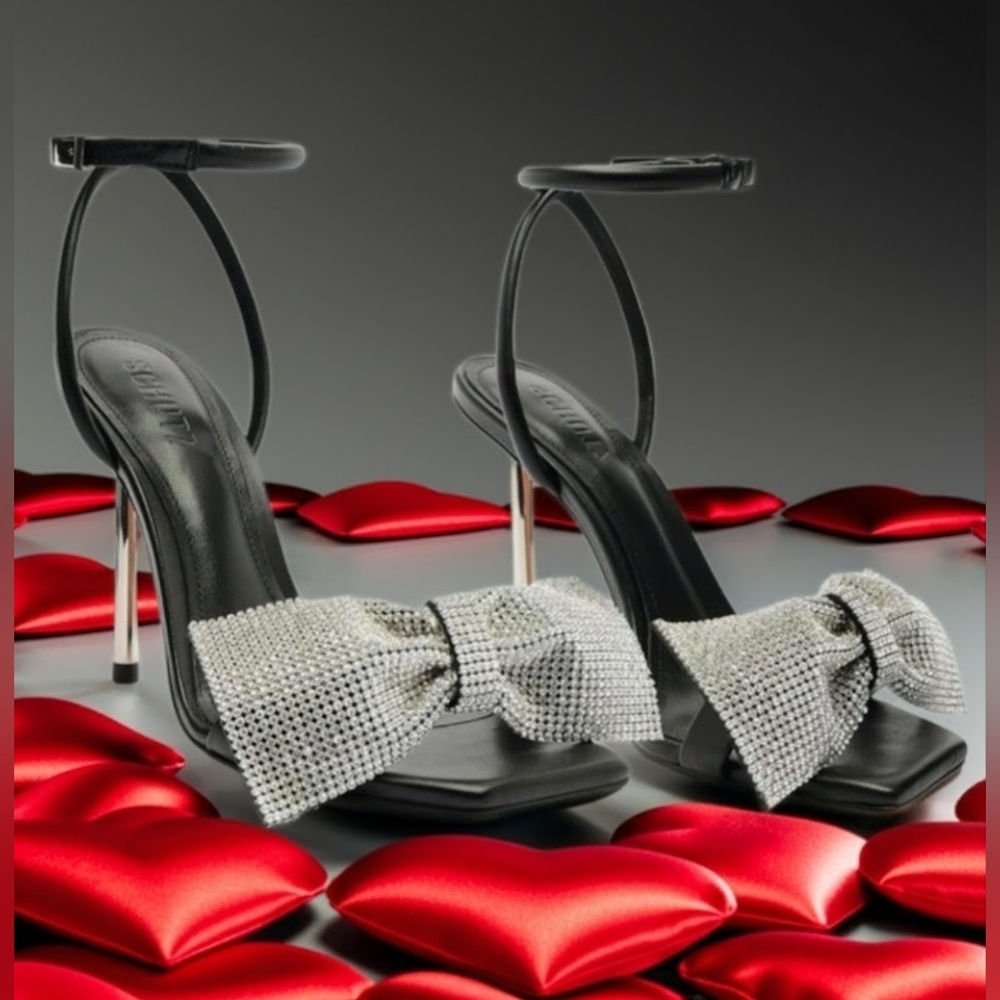 Schutz Black and Silver Heels with Glitter Bow Leather Sandals, Size 9B - Picture 2 of 12